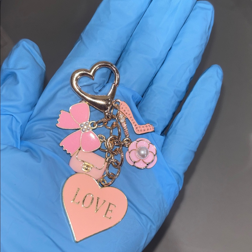 Pink and Gold Heart Charm Keychain